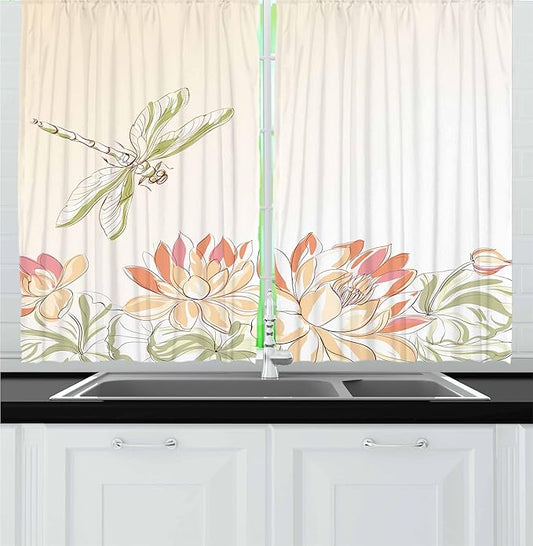 Ambesonne Dragonfly Kitchen Curtains, Lotus Flower Field Winged Bug Flying Oriental Blooms Print, Window Drapes 2 Panel Set for Kitchen Cafe Decor, 55" x 30", Cream Peach