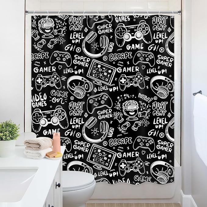 Black White Funny Gaming Shower Curtain Kids Gamer Video Games Cool Teens Monochrome Sketch Graffiti 60Wx72L Inch Bathroom Set Gamepad Bath Curtain Bathtub Accessories Home Decor