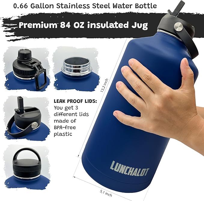 1 Gallon Water Bottle Insulated - 84 Oz Stainless Steel Metal Water Jug with Holder - | Carrying Bag | Spout Handle | Straw Lids | Keep Cold & Hot | - Navy Blue Tactical Flask