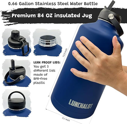 1 Gallon Water Bottle Insulated - 84 Oz Stainless Steel Metal Water Jug with Holder - | Carrying Bag | Spout Handle | Straw Lids | Keep Cold & Hot | - Navy Blue Tactical Flask