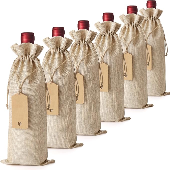 Reusable Burlap Wine Bag, 12PCS Wine Gift Bags for Wine Bottles with Gift Tags, Wine Bottle Bags for Wedding, Birthday, Christmas, Halloween, Travel, Party, Home Storage