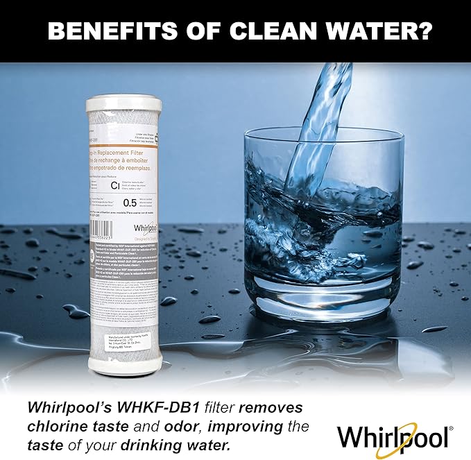 Whirlpool Under Sink Carbon Block Filter WHKF-DB1, NSF Certified 0.5 Micron Rating Reduces Chlorine Taste & Odor, 6-Month Lasting Life, Use for Home Drinking Water Filtration or Reverse Osmosis System