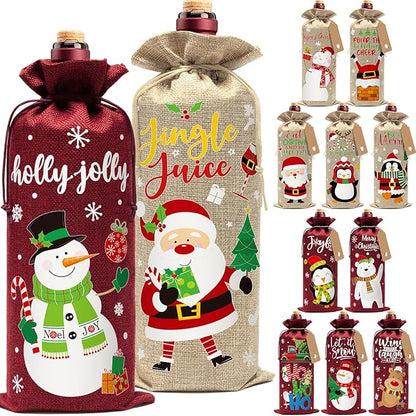 12Pcs Burlap Wine Bags Christmas Wine Gift Bags for Wine Bottles Gifts, Christmas Wine Bottle Bags with Drawstring Holiday Wine Bags, Christmas Wine Bottle Covers for Xmas New Year Holiday Party Decor