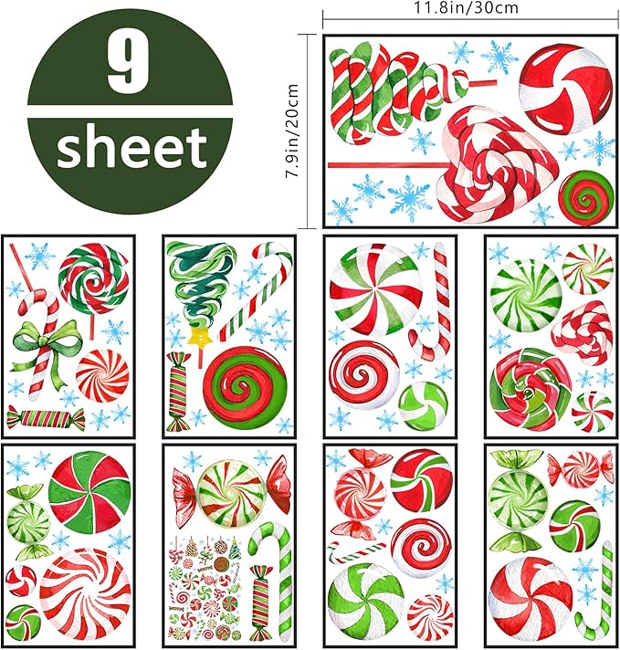 Yovkky 157 PCS Christmas Window Clings 9 Sheets, Xmas Candy Cane Peppermint Lollipop 2025 New Year Stickers Decals Decor, Christmas Snowflakes Winter Holiday Party Home Kitchen Candyland Decorations