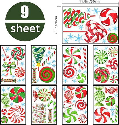 Yovkky 157 PCS Christmas Window Clings 9 Sheets, Xmas Candy Cane Peppermint Lollipop 2025 New Year Stickers Decals Decor, Christmas Snowflakes Winter Holiday Party Home Kitchen Candyland Decorations