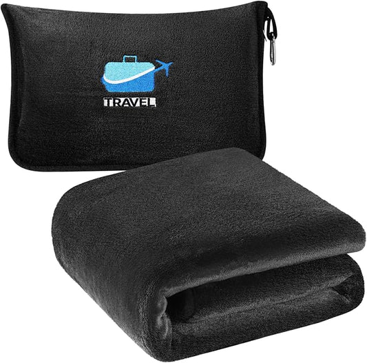 2 in 1 Travel Blanket with Bag Neck Pillow Camping Gear Roadtrip Essentials Headrest Car Trailer Accessories Road Trip Necessities Rv Must Haves Pop Camper Stuff Hiking Item Backpacking Gadget Gift