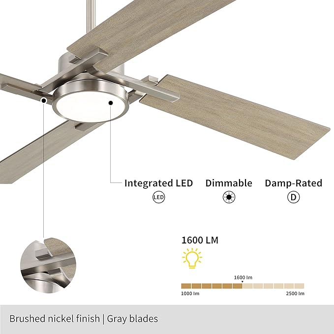 WINGBO 56 Inch DC Ceiling Fan with Lights and Remote, 4 Plywood Blades, 6-Speed Reversible DC Motor, Dimmable, 3CCT, Farmhouse Ceiling Fan for Bedroom Living Room Kitchen, Brushed Nickel and Gray