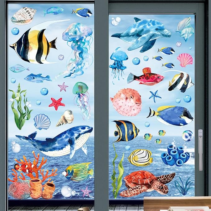 8 Sheets Underwater World Window Clings Ocean Theme Static Window Stickers Fridge Glass Stickers Party Decorations Add Joy to The Season and Home Decoration