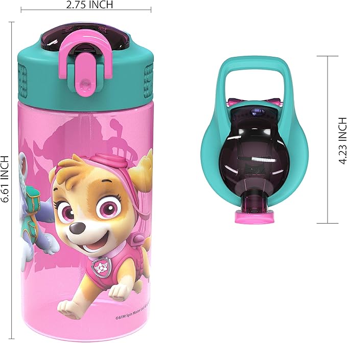 Zak Designs Kids Durable Plastic Spout Cover and Built-in Carrying Loop, Leak-Proof Water Design for Travel, (16oz, 2pc Set), Paw Patrol Skye Bottle 2pk