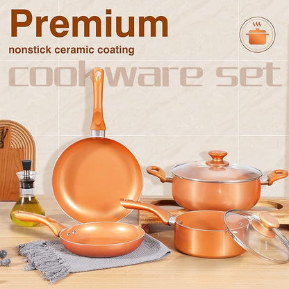 FRUITEAM 6-piece Nonstick Kitchen Cookware Set, Ceramic Coating Cooking Stock / Milk Pot/Frying Pans, Copper Aluminum Pan with Lid, Induction/Gas Kitchenware