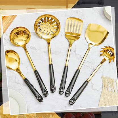 Black and Gold Cooking Utensils Set 7 Pcs Stainless Steel Kitchenware Includes Hanging Shelf Include Slotted Spoon, Slotted Spatula, Large Spoon, Soup Ladle, Spatula, Pasta Spoon