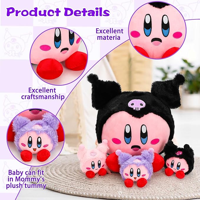 13inch Kirb Cartoon Plush - Monster Mommy Plush with 3 Baby Plush Anime Game Stuffed Plush Pillow Room Decorat Collection Gift for Kids Fans