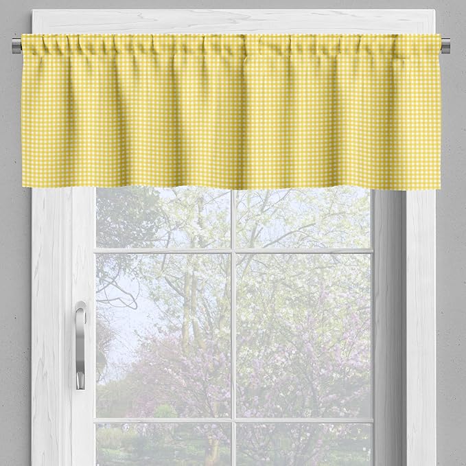 Ambesonne Checkered Valance & Tier Curtain 3 pcs Set, Classic English Pattern in Yellow Picnic in Summertime Theme Retro Striped, Window Treatments for Kitchen Room Decor, 55" x 30", Yellow White