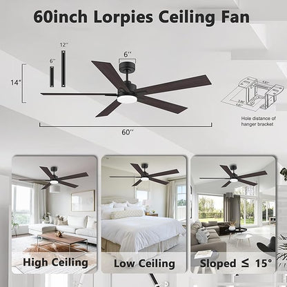 60” Smart Ceiling Fan with Lights Remote,Control via Alexa Google App Wifi,Silent DC Motor,Dimmable,Outdoor Indoor Modern Ceiling Fans for Large Bedroom Living Room Kitchen Patio,Black Walnut Brown