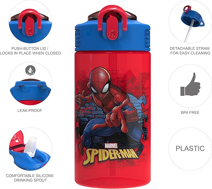 Zak Designs Marvel SpiderMan Kids Spout Cover and Built-in Carrying Loop Made of Plastic, Leak-Proof Water Bottle Design (BPA-Free), Red, 16oz