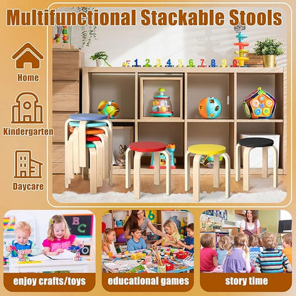 12 Inch Bentwood Stacking Stool for Kids Colored Durable Round Nesting Stool Flexible Wood Stackable Stool Chairs for Playroom Daycare Home Classroom(Colorful,8 Pcs)