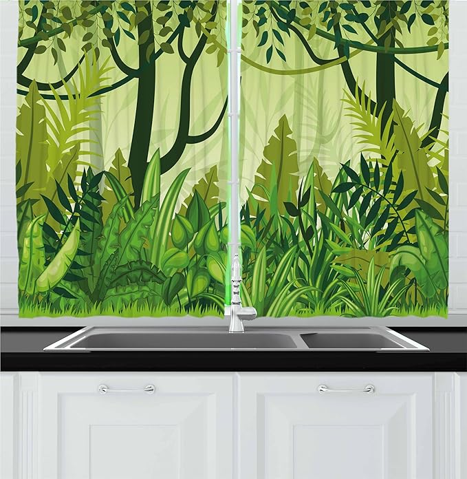 Ambesonne Plant Kitchen Curtains, Cartoon Style Jungle Depiction Hand Drawn Digital Rainforest Leaves Bushes Trees, Window Drapes 2 Panel Set for Kitchen Cafe Decor, 55" x 30", Forest Green