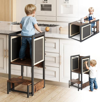 Toddler Kitchen Stool Helper - 4 in 1 Toddler Stool with Chalkboard Safety Rail, Adjustable Height Kids Standing Tower for Kitchen Counter, Wooden Learning Step Stool for 1-3