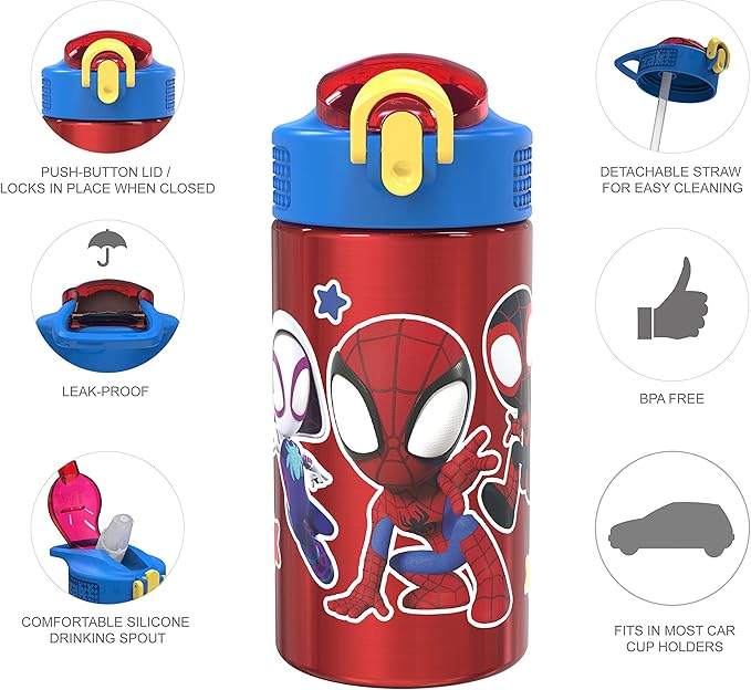 Zak Designs Marvel Spider-Man 18/8 Single Wall Stainless Steel Kids Water Bottle, Flip Straw Locking Spout Cover, Durable Cup for Sports or Travel (15.5oz, Non-BPA, Spidey and His Amazing Friends)