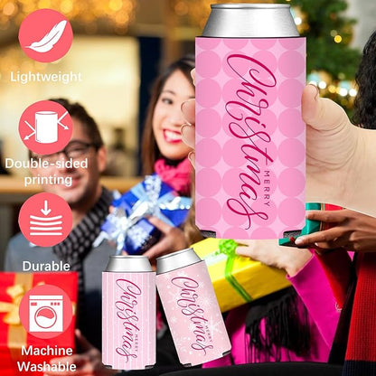 12 Pcs Pink Christmas Party Can Coolers - Funny Christmas Nutcrackers Slim Can Sleeve for Xmas Holiday Gathering Party Decorations Supplies