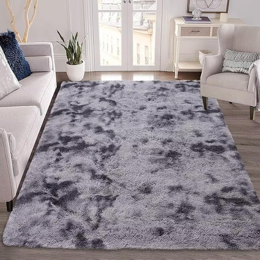 Fluffy Grey Rugs for Bedroom Living Room 10x13 Extra Large Soft Shaggy Throw Carpet Non Slip Furry Fuzzy Rugs for Nurery Kids Room Plush Cozy Non Shedding Home Decor Mat, Tie Dye Dark Grey