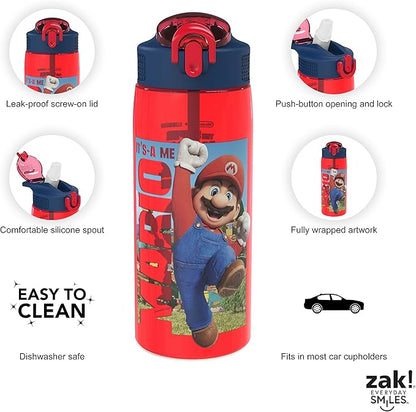 Zak Designs The Super Mario Bros. Movie Water Bottle For School or Travel, 25 oz Durable Plastic Water Bottle With Straw, Handle, and Leak-Proof, Pop-Up Spout Cover (Mario, Toad)