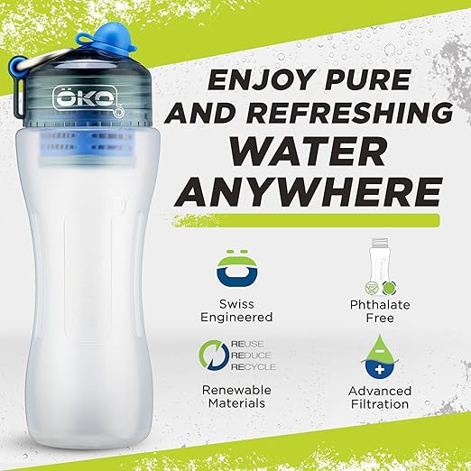 ÖKO - Advanced Water Bottle with Filter Derived from NASA Technology, Filtered Water Bottle for Travel/Outdoors & Home, Water Filter Bottle for Harmful Contaminants (650 ML, Arctic)