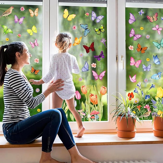 8 Sheets Butterfly Floral Window Clings Summer Floral Static Window Stickers Refrigerator Glass Party Decorations Add Joy to The Season and Home Decoration