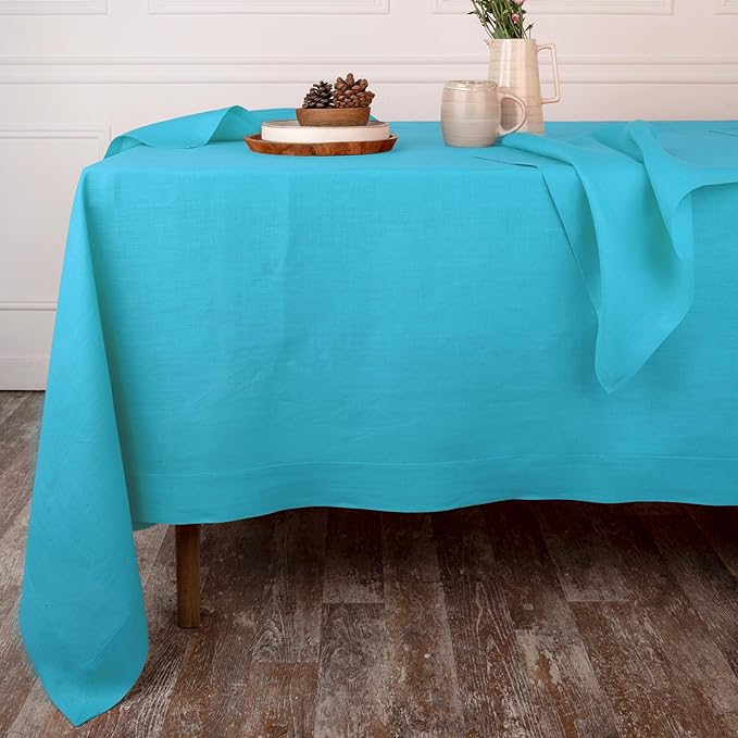 D'Moksha Homes Linen Tablecloth 60 x 126 Inch - 100% Pure Linen Cyan Blue Tablecloth - Machine Washable Dining Tablecloth for Rectangle Tables