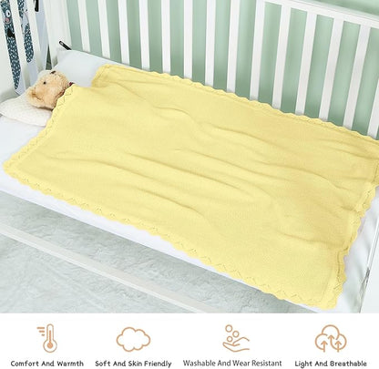 100% Cotton Baby Blanket Knit Soft Warm Lace Toddler Newborn Nursery Blanket, 30 x 40 Inches, Lemon Yellow