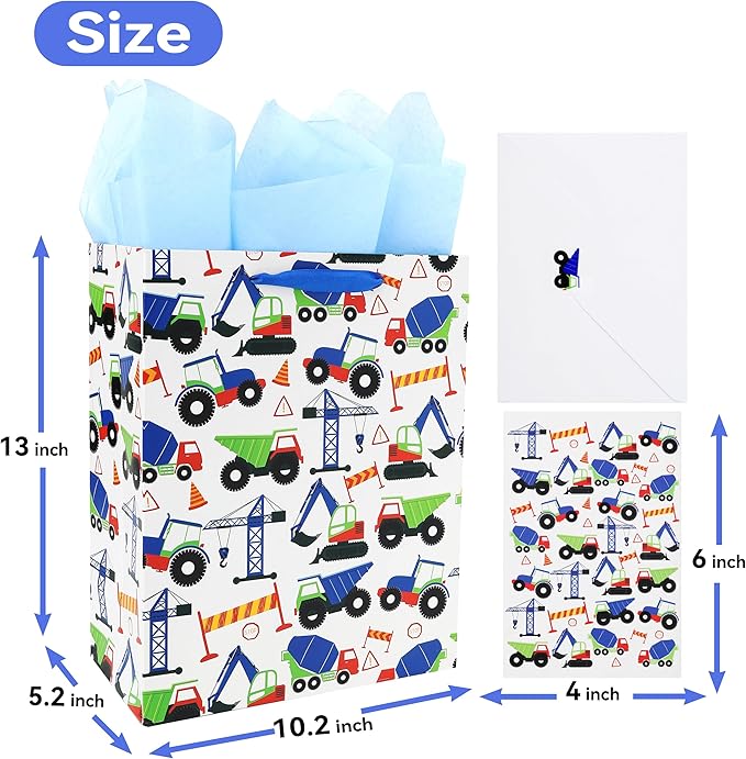 13" Large Vehicle-themed Gift Bags Set with Greeting Card and Tissue Paper (Blue Car Design) for boys, Kids Birthday Party,Baby boy,Baby Shower,Newborn,New Moms or Parents -10.2”x5.2”x13”, 1 Pcs