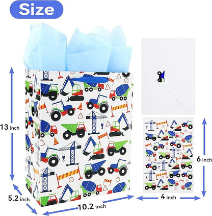 13" Large Vehicle-themed Gift Bags Set with Greeting Card and Tissue Paper (Blue Car Design) for boys, Kids Birthday Party,Baby boy,Baby Shower,Newborn,New Moms or Parents -10.2”x5.2”x13”, 1 Pcs