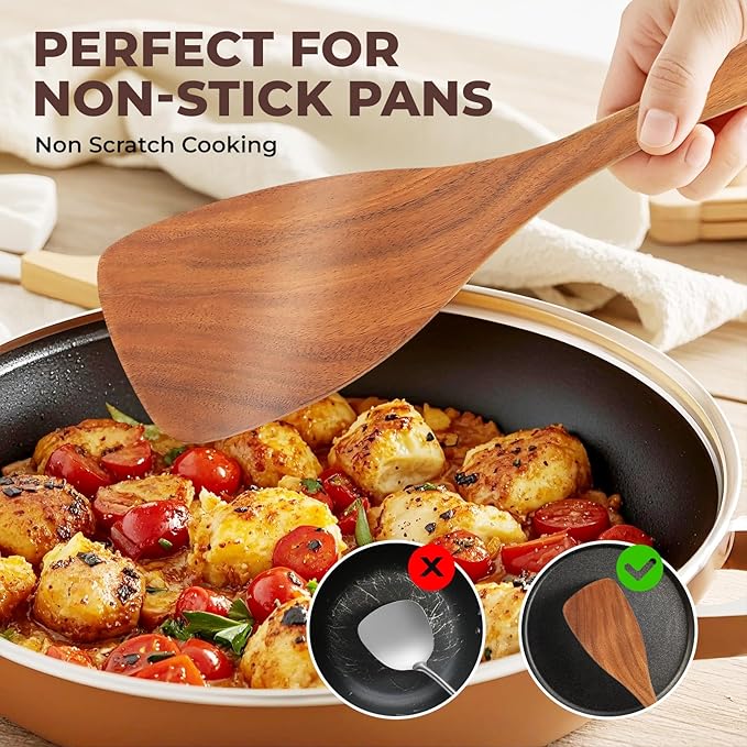 9 Pcs Wooden Kitchen Utensil Set, Wooden Spoons for Cooking, Wooden Cooking Spoons with Nonstick Spatula Set, Teak Wooden Utensil Set With Holder & Spoon Rest