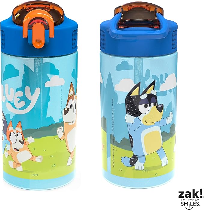 Zak Designs Bluey Kids Durable Plastic Spout Cover and Built-in Carrying Loop, Leak-Proof Water Design for Travel, (16oz, 2pc Set), Bluey Bottle 2pk