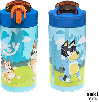 Zak Designs Bluey Kids Durable Plastic Spout Cover and Built-in Carrying Loop, Leak-Proof Water Design for Travel, (16oz, 2pc Set), Bluey Bottle 2pk