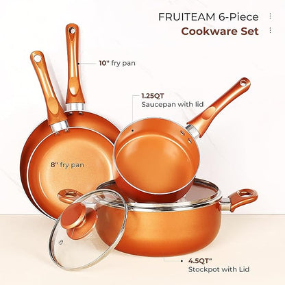 FRUITEAM 6-piece Nonstick Kitchen Cookware Set, Ceramic Coating Cooking Stock / Milk Pot/Frying Pans, Copper Aluminum Pan with Lid, Induction/Gas Kitchenware