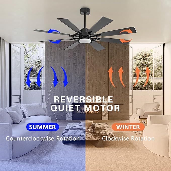 60" Ceiling Fan with Lights and Remote Control, Wood 8 Blades 6-Speed Dimmable Light Noiseless Reversible DC Motor, Modern Large Ceiling fan for Kitchen Bedroom Dining Living Room, Black