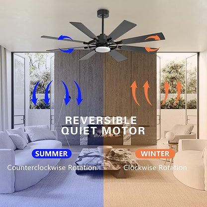 60" Ceiling Fan with Lights and Remote Control, Wood 8 Blades 6-Speed Dimmable Light Noiseless Reversible DC Motor, Modern Large Ceiling fan for Kitchen Bedroom Dining Living Room, Black