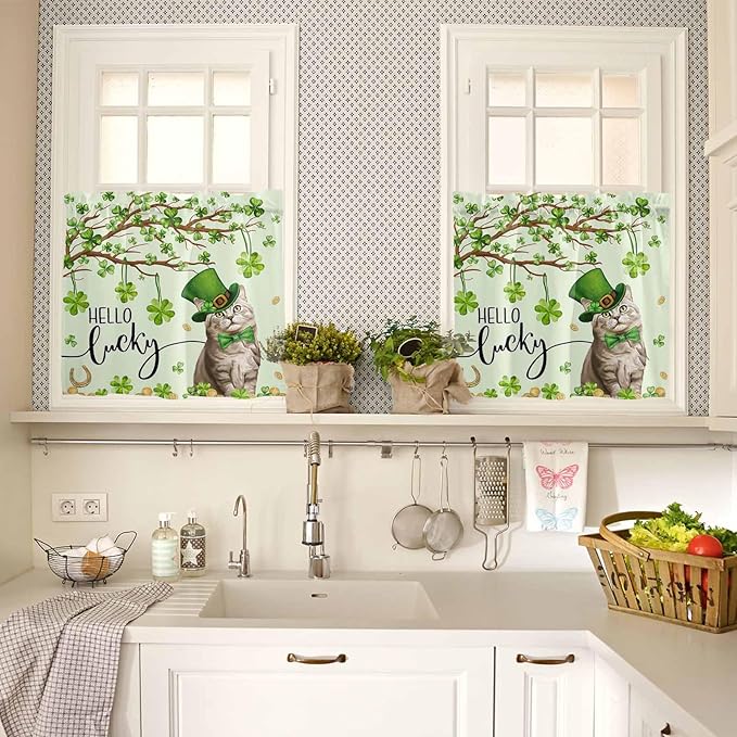 Vandarllin Lucky Cat St. Patrick's Day Kitchen Curtains and Valances Set, Green Spring Shamrocks Tree Windows Treatments Tiers Half/Short Curtains for Small Windows Cafe/Living Room/Bedroom 54x36 in