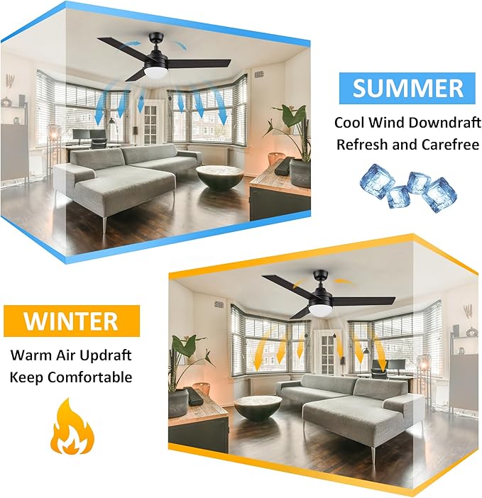 52 Inch Black Pull Chain Ceiling Fan with Reversible Blades, 3-color LED Light Adjustable, 5 Speeds Quiet Reversible DC Motor, 3 Plywood Blades Modern Ceiling Fan for Living Room, Bedroom, Kitchen