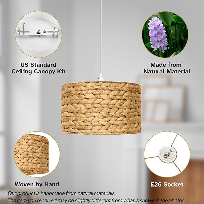 Rattan Pendant Light - Drum Pendant Lights for Home Decor - Natural Woven Pendant Light; Wicker Pendant Light for Dining Room, Kitchen Island