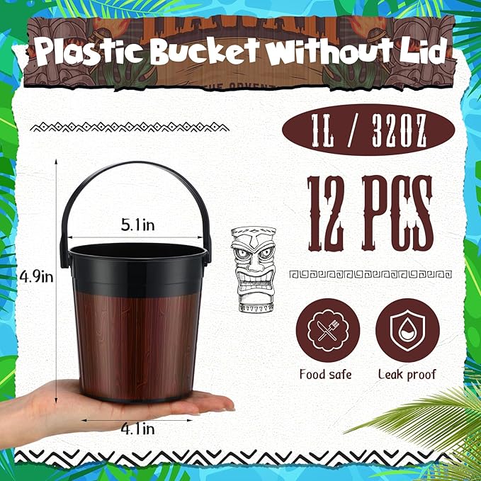 12 Pcs 32 oz Plastic Tiki Cocktail Rum Buckets for Drinks Beverage Tub Beer Bucket Drink Tubs for Luau Parties Ice Buckets with 100 Pcs Color Mixed Straws and 200 Pcs Hawaii Doodle Stickers