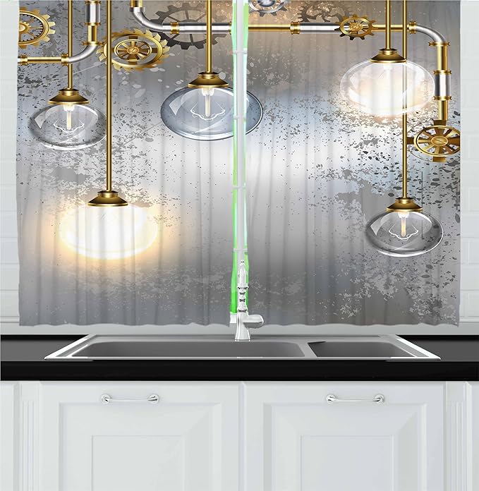 Ambesonne Industrial Kitchen Curtains, Steampunk Style Antique Composition Brass Fastening Round Print, Window Drapes 2 Panel Set for Kitchen Cafe Decor, 55" x 36", Gold Grey