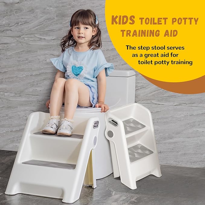 UNCLE WU Foldable 2-Step Stool for Kids -Potty Seat Training Aid with Safety Handles,Durable - Perfect for Potty Training, Bathroom Sink,Kitchen Stand Stool & Bedroom Step Stool