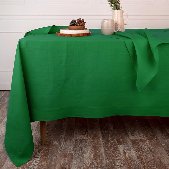 D'Moksha Homes Linen Tablecloth 60 x 126 Inch - 100% Pure Linen Kelly Green Tablecloth - Machine Washable Dining Tablecloth for Rectangle Tables