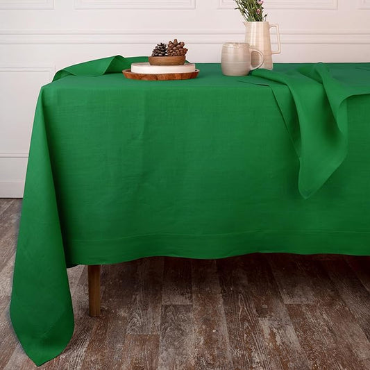 D'Moksha Homes Linen Tablecloth 60 x 132 Inch - 100% Pure Linen Kelly Green Tablecloth - Machine Washable Dining Tablecloth for Rectangle Tables