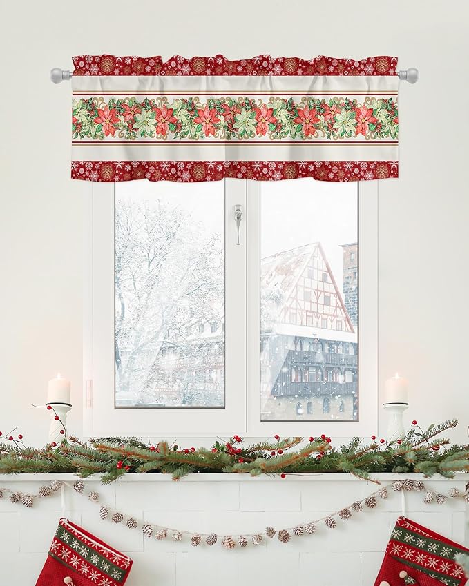 Watercolor Poinsettia Christmas Valance Curtains for Kitchen Windows Red Xmas Winter Holiday Rod Pocket Window Treatment Toppers for Kitchen/Living Room/Bedroom/Bathroom, 54" X 18", Gold White