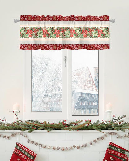 Watercolor Poinsettia Christmas Valance Curtains for Kitchen Windows Red Xmas Winter Holiday Rod Pocket Window Treatment Toppers for Kitchen/Living Room/Bedroom/Bathroom, 54" X 18", Gold White