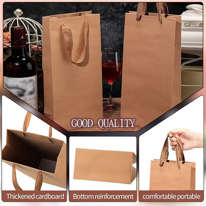 Yeaqee 50 Pack Wine Bags for Wine Double Bottles Gifts Bags 6.6" x 3.6" x 13.8" Craft Wine Bottle Wine Bags Bulk with Handles Reusable Paper Tumbler Wine Bags, Liquor Gift Bag with Handles (Brown)