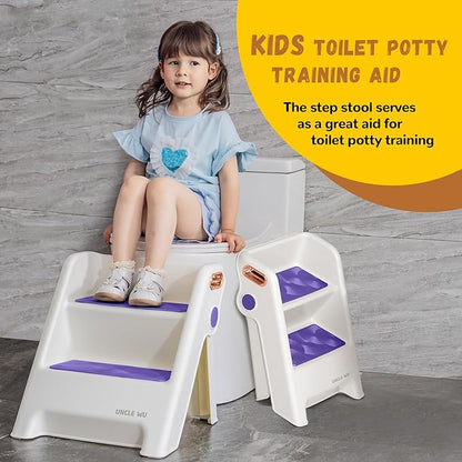 UNCLE WU Foldable 2-Step Stool for Kids -Potty Seat Training Aid with Safety Handles,Durable - Perfect for Potty Training, Bathroom Sink,Kitchen Stand Stool & Bedroom Step Stool (Purple)